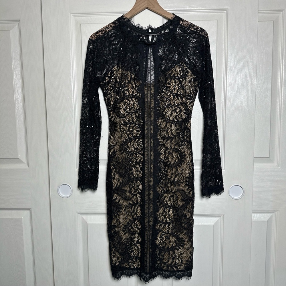 Sequin Hearts Women's Sz 11 Lace Overlay Midi Dress Nude Formal Evening LBD
